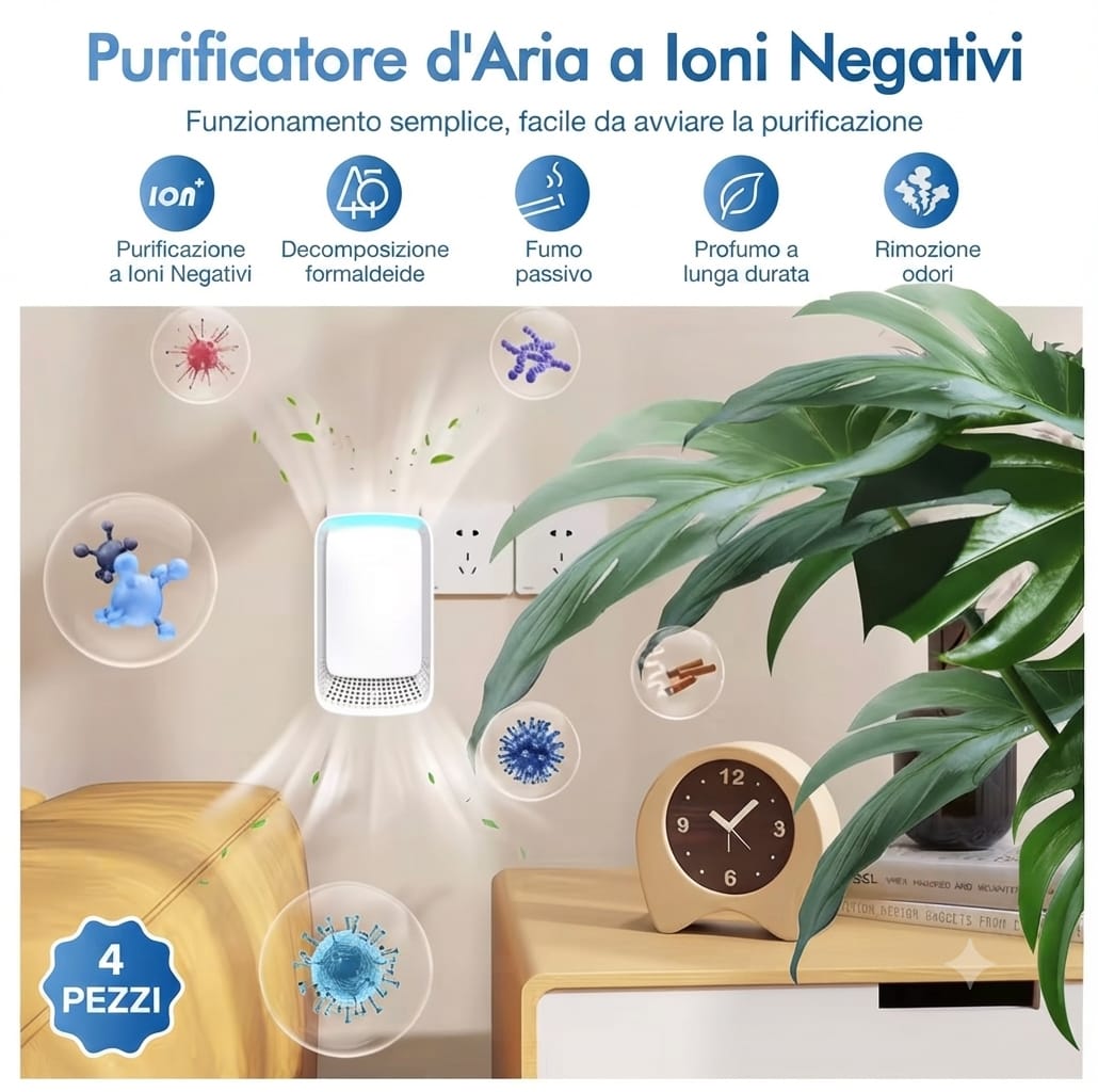 Purificatore d'Aria Ionizzante "PureLogica" Silenzioso e Compatto