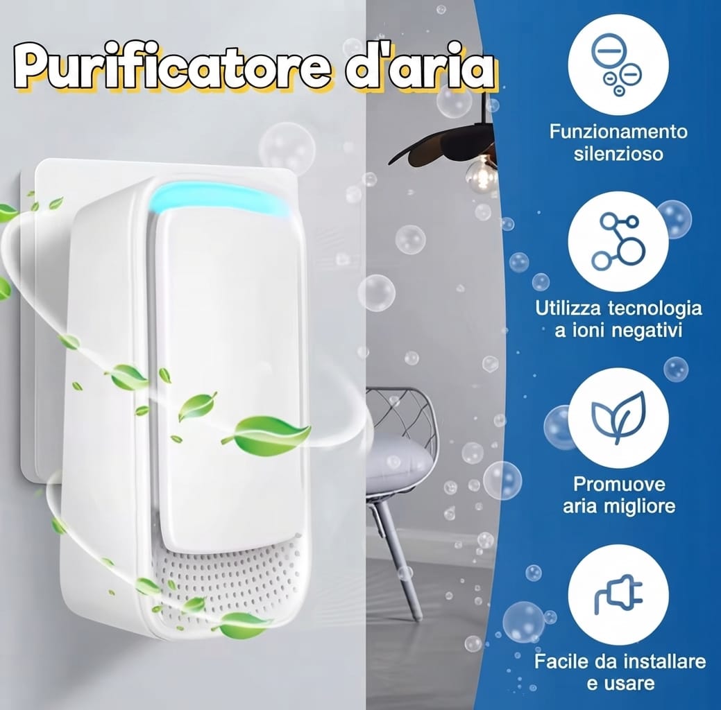 Purificatore d'Aria Ionizzante "PureLogica" Silenzioso e Compatto